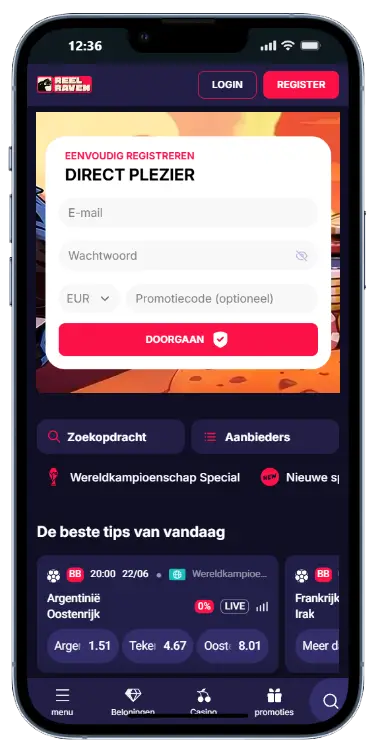 ReelRaven Casino – Welkomstbonussen Overzicht ReelRaven Casino mobiele app met welkomstbonus van 150% tot €1500 en 150 gratis spins, en een gratis weddenschap van €10 bij eerste storting