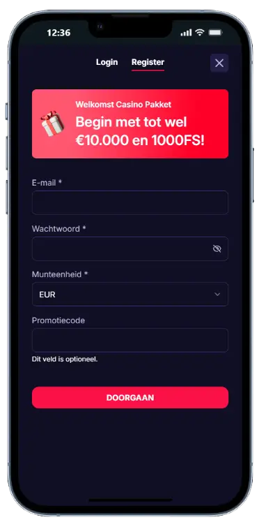 ReelRaven Casino – Registratiepagina Registratieformulier van ReelRaven Casino met welkomst casino pakket tot €10.000 en 1000 free spins, inclusief velden voor e-mail, wachtwoord en munteenheid