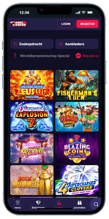 ReelRaven Casino – Homepage met Sportweddenschappen ReelRaven Casino mobiele startpagina met registratieformulier, sportbetting-sectie en live wedstrijden zoals Argentinië vs Oostenrijk en Frankrijk vs Irak